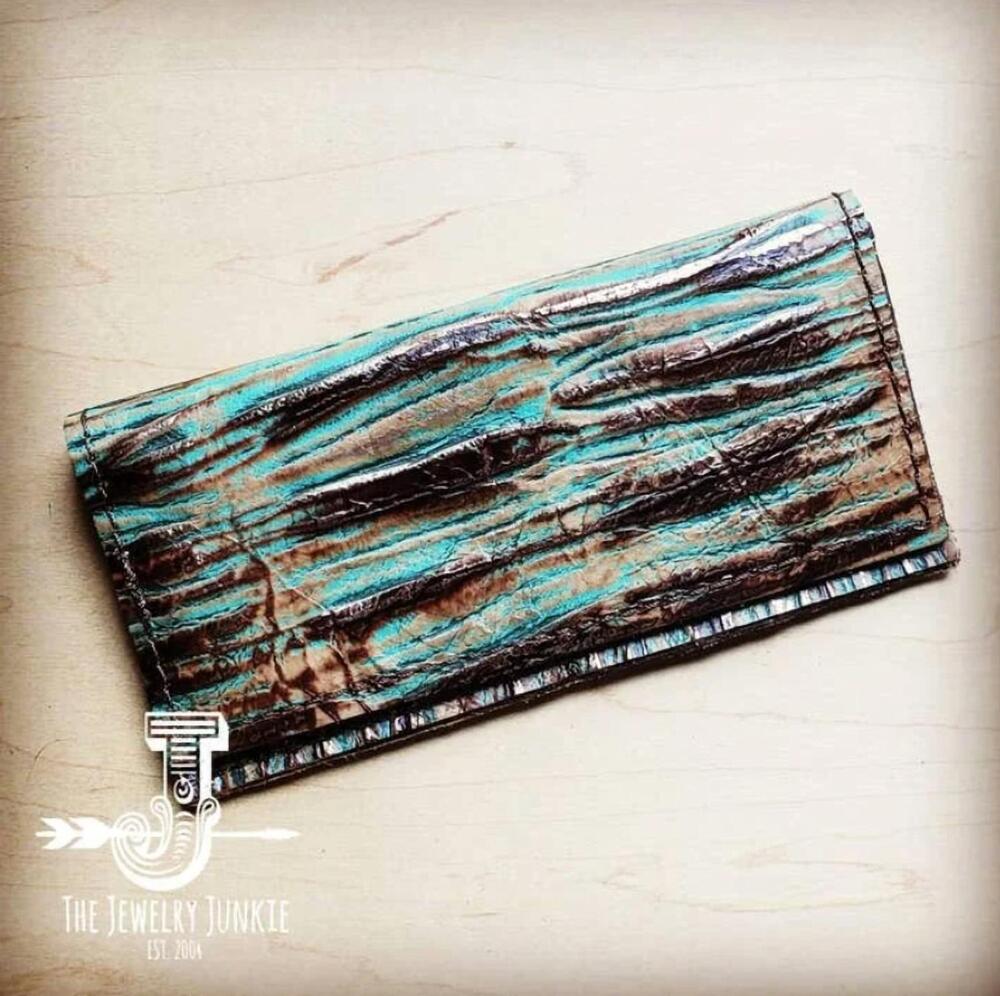 NEW JEWELRY JUNKIE women's distressed embossed leather wallet in turquoise chate
